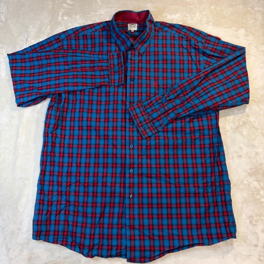 Cinch Mens XXL Blue Red Plaid Long Sleeve Button Down Western Shirt Cotton